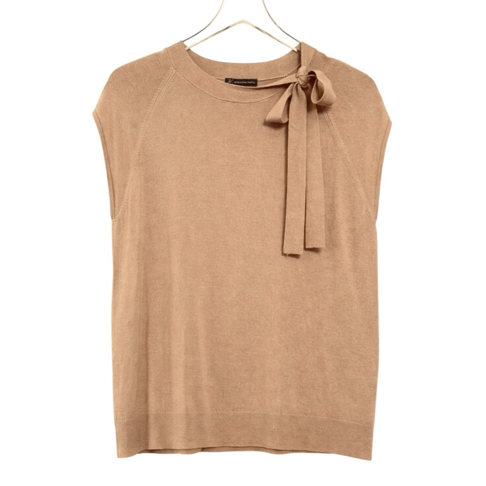 Adrianna Papell Cap Sleeve Bow Tie Neck Knit Top Beige Sweater L NWT - Picture 2 of 9